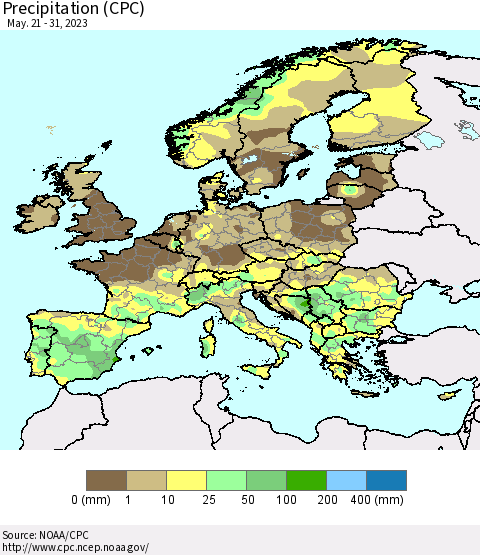 Europe Precipitation (CPC) Thematic Map For 5/21/2023 - 5/31/2023