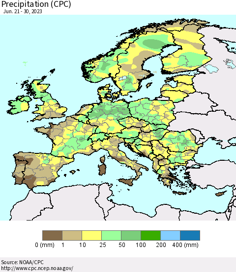 Europe Precipitation (CPC) Thematic Map For 6/21/2023 - 6/30/2023