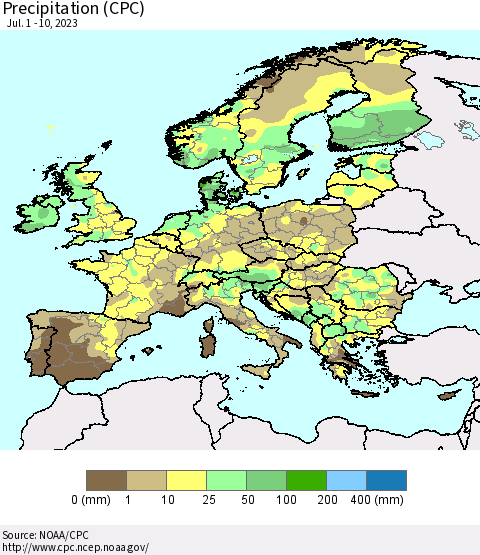 Europe Precipitation (CPC) Thematic Map For 7/1/2023 - 7/10/2023