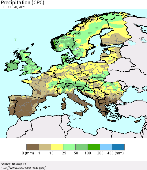 Europe Precipitation (CPC) Thematic Map For 7/11/2023 - 7/20/2023