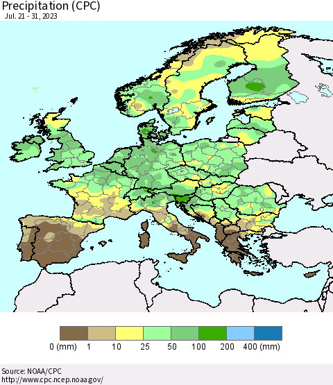 Europe Precipitation (CPC) Thematic Map For 7/21/2023 - 7/31/2023