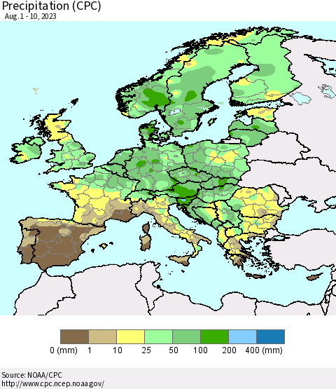 Europe Precipitation (CPC) Thematic Map For 8/1/2023 - 8/10/2023