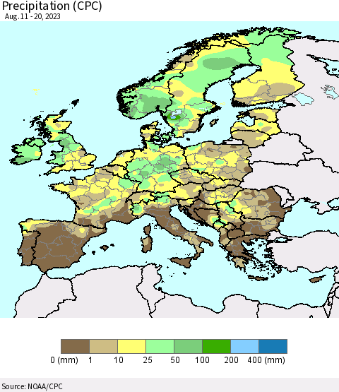 Europe Precipitation (CPC) Thematic Map For 8/11/2023 - 8/20/2023