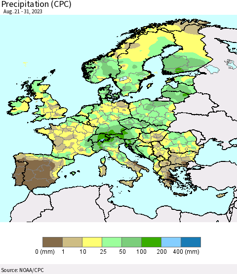 Europe Precipitation (CPC) Thematic Map For 8/21/2023 - 8/31/2023