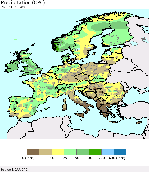 Europe Precipitation (CPC) Thematic Map For 9/11/2023 - 9/20/2023