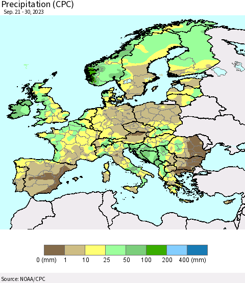 Europe Precipitation (CPC) Thematic Map For 9/21/2023 - 9/30/2023