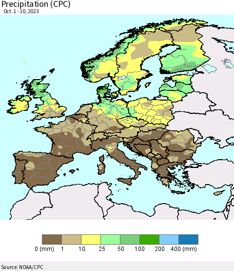 Europe Precipitation (CPC) Thematic Map For 10/1/2023 - 10/10/2023