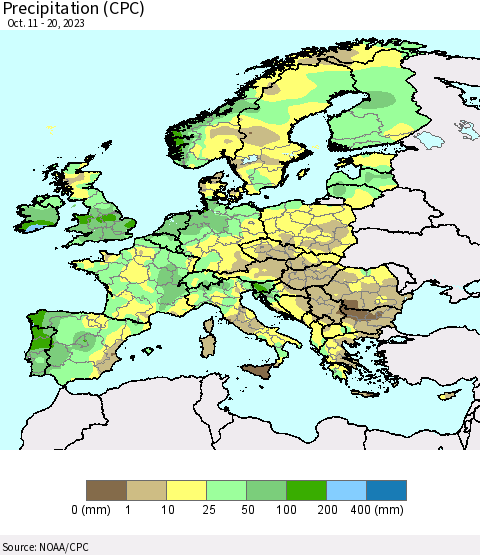 Europe Precipitation (CPC) Thematic Map For 10/11/2023 - 10/20/2023