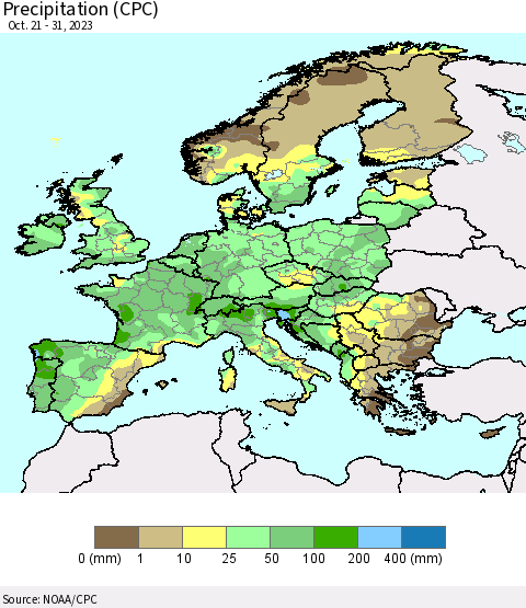 Europe Precipitation (CPC) Thematic Map For 10/21/2023 - 10/31/2023
