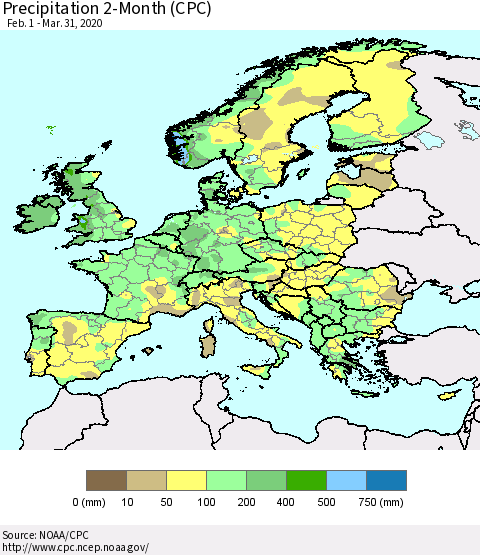 Europe Precipitation 2-Month (CPC) Thematic Map For 2/1/2020 - 3/31/2020