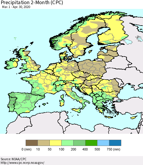 Europe Precipitation 2-Month (CPC) Thematic Map For 3/1/2020 - 4/30/2020