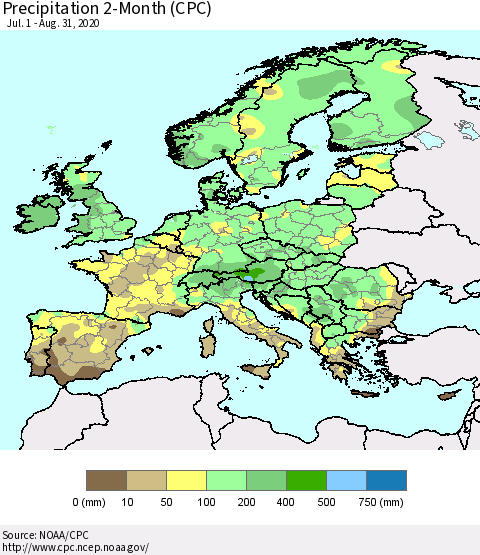Europe Precipitation 2-Month (CPC) Thematic Map For 7/1/2020 - 8/31/2020