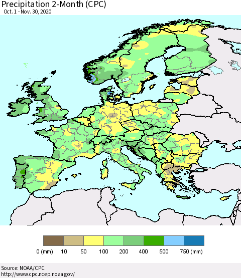 Europe Precipitation 2-Month (CPC) Thematic Map For 10/1/2020 - 11/30/2020