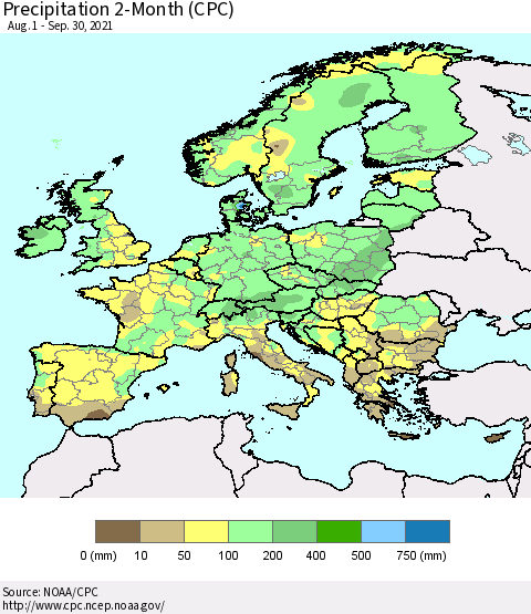 Europe Precipitation 2-Month (CPC) Thematic Map For 8/1/2021 - 9/30/2021