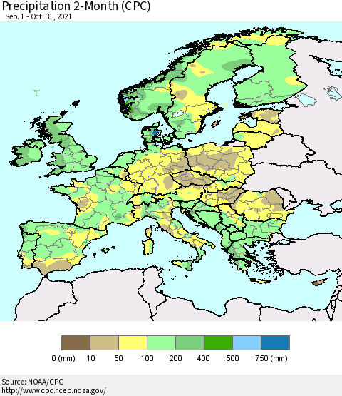 Europe Precipitation 2-Month (CPC) Thematic Map For 9/1/2021 - 10/31/2021