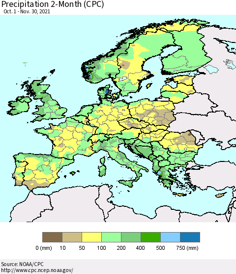 Europe Precipitation 2-Month (CPC) Thematic Map For 10/1/2021 - 11/30/2021