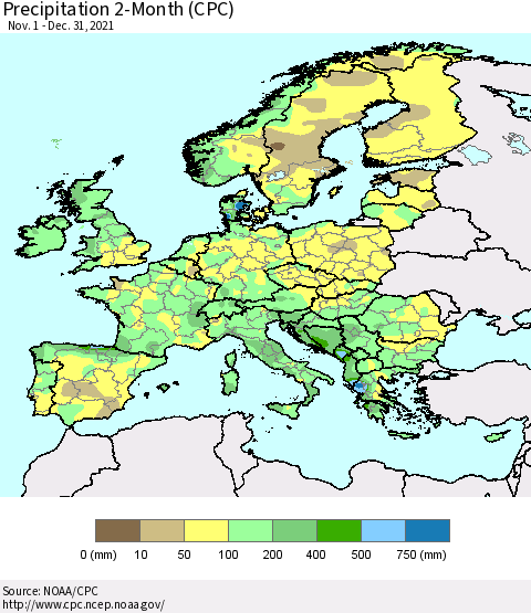 Europe Precipitation 2-Month (CPC) Thematic Map For 11/1/2021 - 12/31/2021