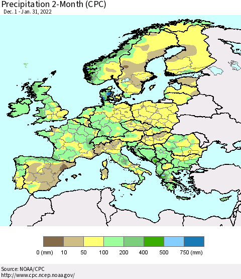 Europe Precipitation 2-Month (CPC) Thematic Map For 12/1/2021 - 1/31/2022
