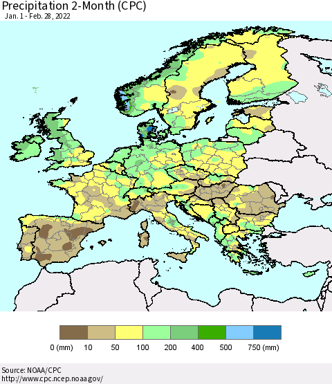 Europe Precipitation 2-Month (CPC) Thematic Map For 1/1/2022 - 2/28/2022