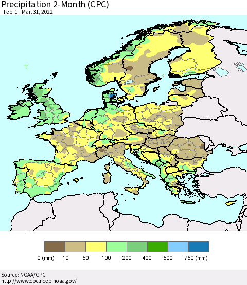 Europe Precipitation 2-Month (CPC) Thematic Map For 2/1/2022 - 3/31/2022