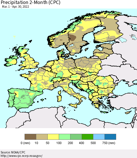 Europe Precipitation 2-Month (CPC) Thematic Map For 3/1/2022 - 4/30/2022