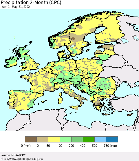 Europe Precipitation 2-Month (CPC) Thematic Map For 4/1/2022 - 5/31/2022
