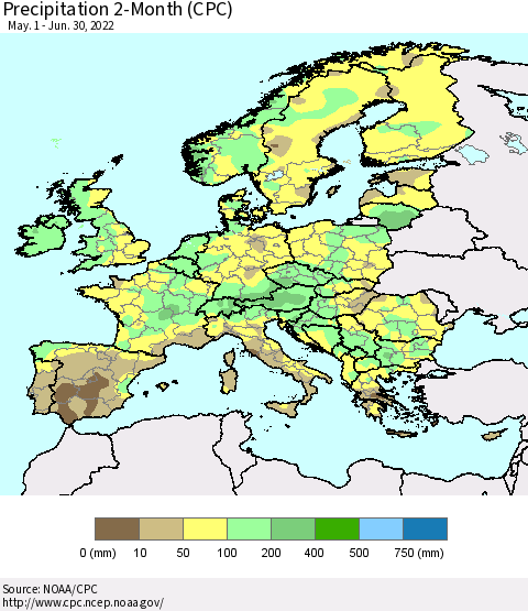 Europe Precipitation 2-Month (CPC) Thematic Map For 5/1/2022 - 6/30/2022