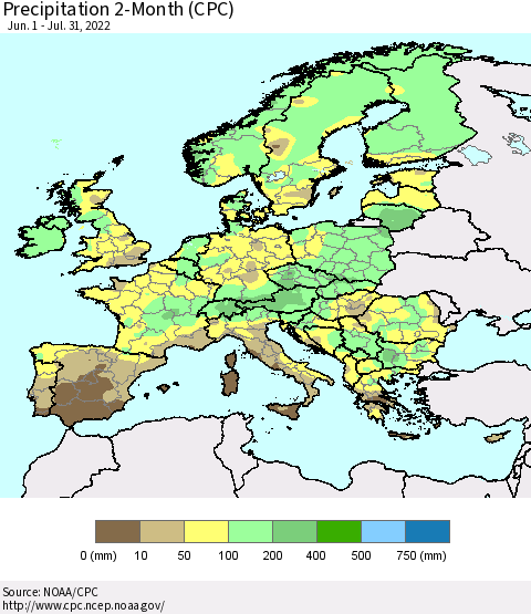 Europe Precipitation 2-Month (CPC) Thematic Map For 6/1/2022 - 7/31/2022