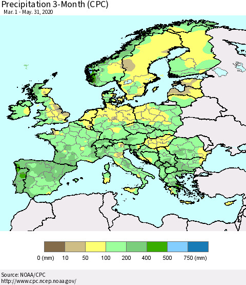 Europe Precipitation 3-Month (CPC) Thematic Map For 3/1/2020 - 5/31/2020