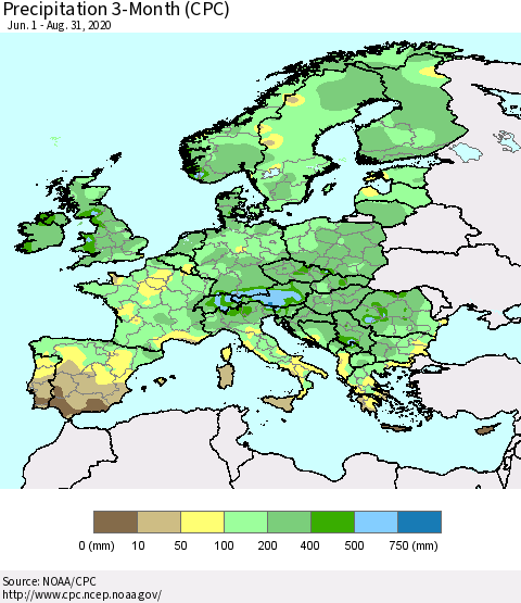 Europe Precipitation 3-Month (CPC) Thematic Map For 6/1/2020 - 8/31/2020