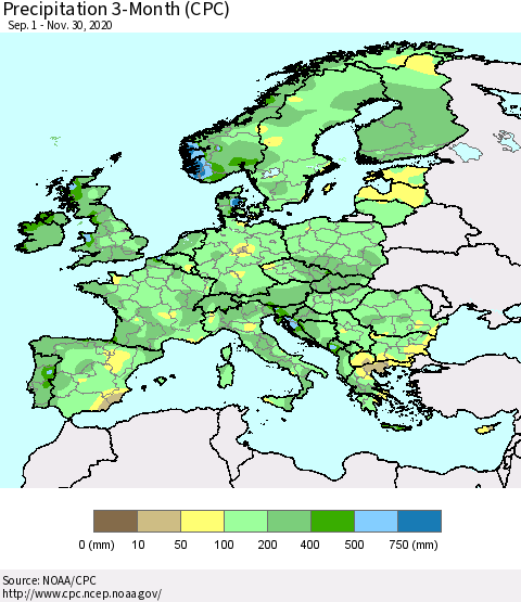 Europe Precipitation 3-Month (CPC) Thematic Map For 9/1/2020 - 11/30/2020
