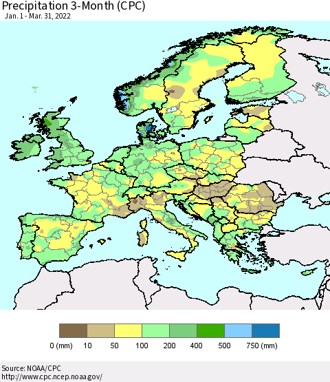 Europe Precipitation 3-Month (CPC) Thematic Map For 1/1/2022 - 3/31/2022