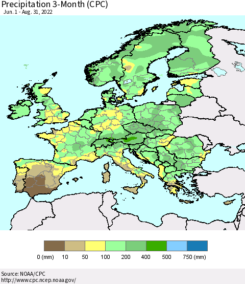 Europe Precipitation 3-Month (CPC) Thematic Map For 6/1/2022 - 8/31/2022