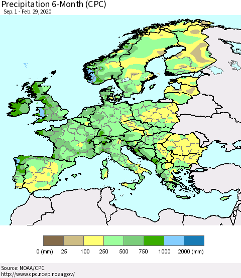 Europe Precipitation 6-Month (CPC) Thematic Map For 9/1/2019 - 2/29/2020