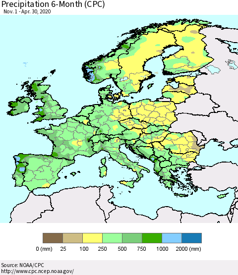 Europe Precipitation 6-Month (CPC) Thematic Map For 11/1/2019 - 4/30/2020