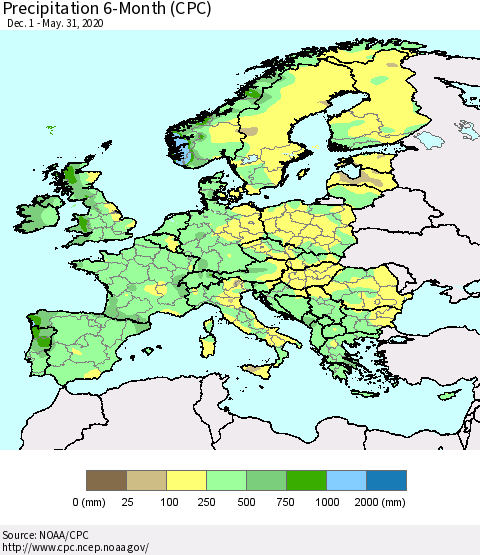 Europe Precipitation 6-Month (CPC) Thematic Map For 12/1/2019 - 5/31/2020
