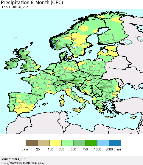 Europe Precipitation 6-Month (CPC) Thematic Map For 2/1/2020 - 7/31/2020
