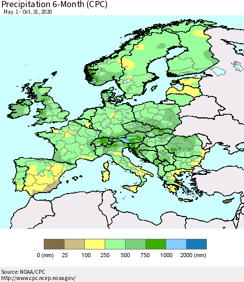 Europe Precipitation 6-Month (CPC) Thematic Map For 5/1/2020 - 10/31/2020
