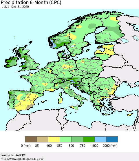 Europe Precipitation 6-Month (CPC) Thematic Map For 7/1/2020 - 12/31/2020