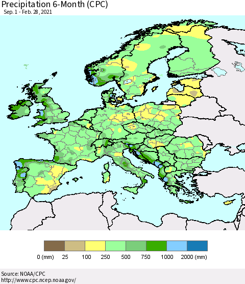 Europe Precipitation 6-Month (CPC) Thematic Map For 9/1/2020 - 2/28/2021