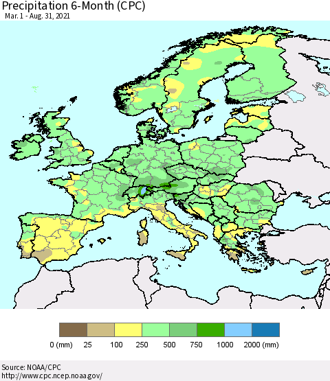 Europe Precipitation 6-Month (CPC) Thematic Map For 3/1/2021 - 8/31/2021