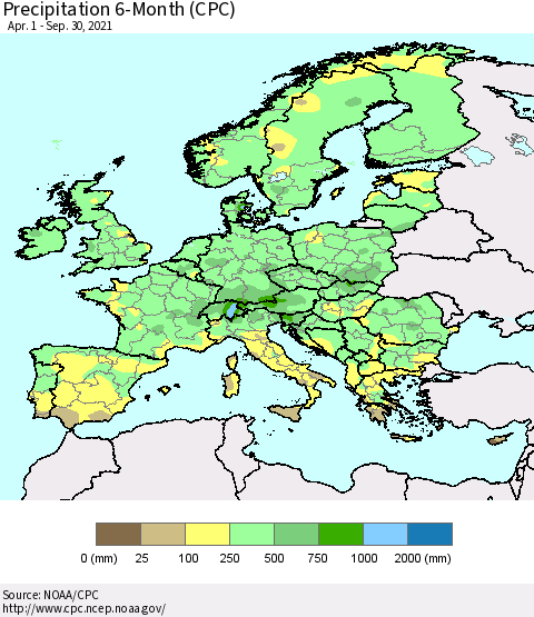 Europe Precipitation 6-Month (CPC) Thematic Map For 4/1/2021 - 9/30/2021