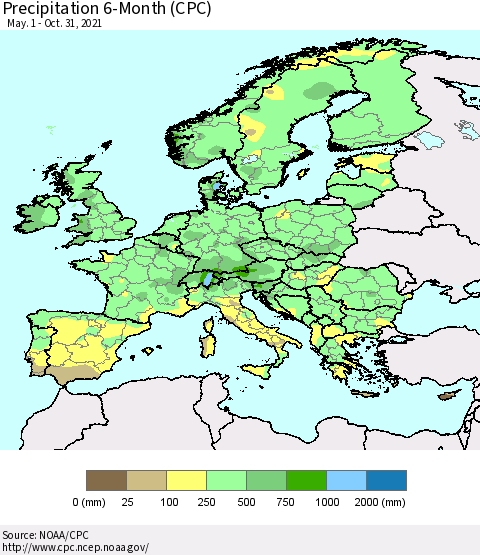 Europe Precipitation 6-Month (CPC) Thematic Map For 5/1/2021 - 10/31/2021