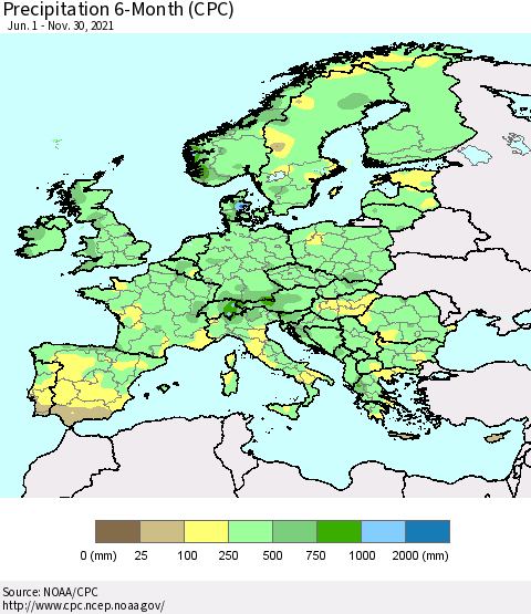 Europe Precipitation 6-Month (CPC) Thematic Map For 6/1/2021 - 11/30/2021