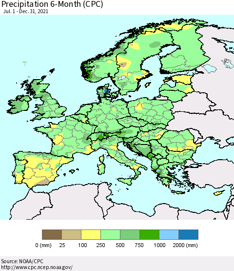 Europe Precipitation 6-Month (CPC) Thematic Map For 7/1/2021 - 12/31/2021