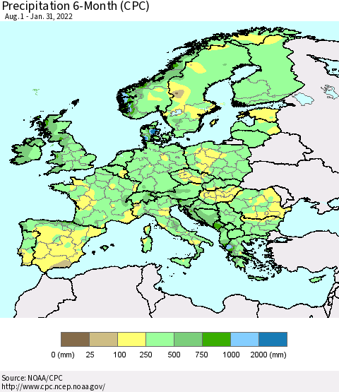 Europe Precipitation 6-Month (CPC) Thematic Map For 8/1/2021 - 1/31/2022