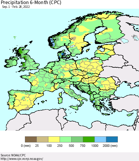 Europe Precipitation 6-Month (CPC) Thematic Map For 9/1/2021 - 2/28/2022