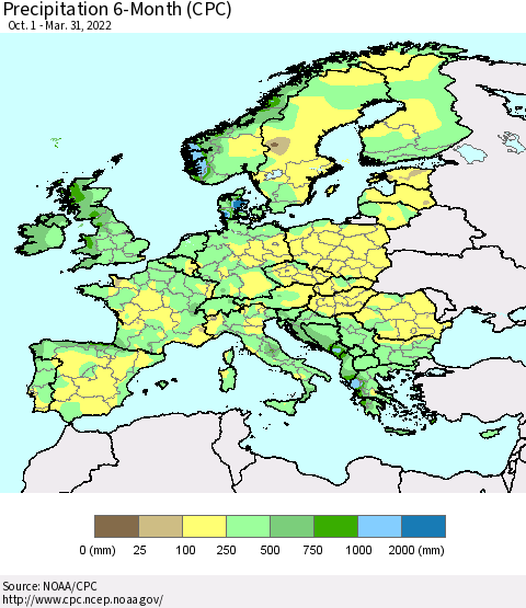 Europe Precipitation 6-Month (CPC) Thematic Map For 10/1/2021 - 3/31/2022