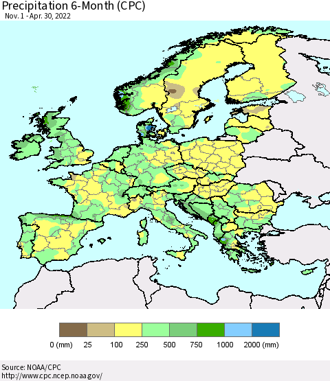 Europe Precipitation 6-Month (CPC) Thematic Map For 11/1/2021 - 4/30/2022