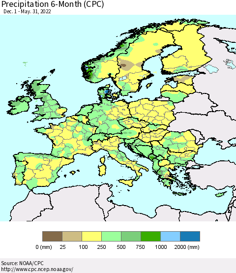 Europe Precipitation 6-Month (CPC) Thematic Map For 12/1/2021 - 5/31/2022